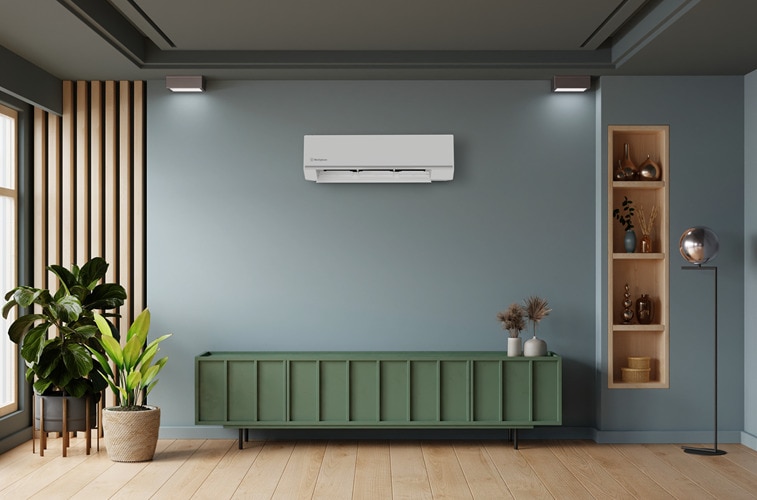 Split system reverse air conditioner in the living room.