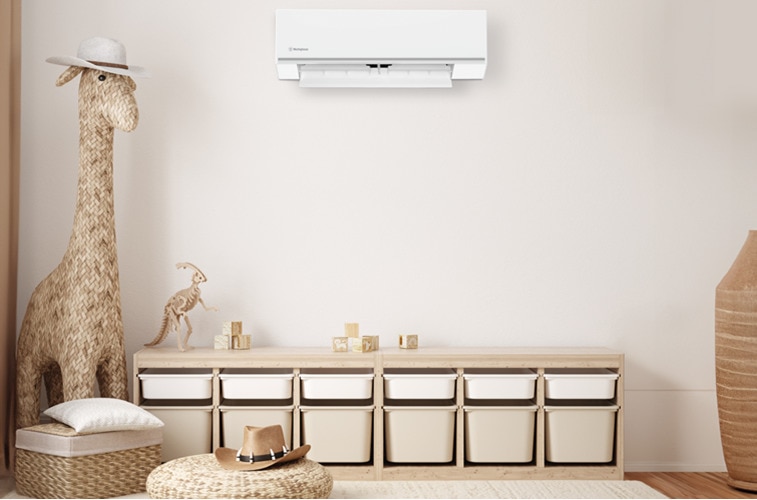Split system reverse air conditioner in a kid’s bedroom, play area or home office.